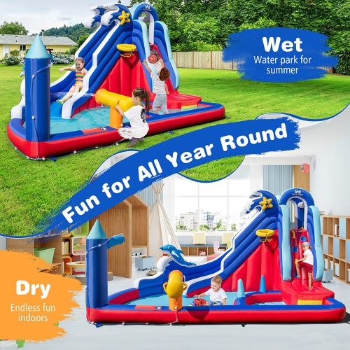 Gymax Inflatable Water Slide Park w/750W Blower Slide 2 Splash Pools Climbing Wall