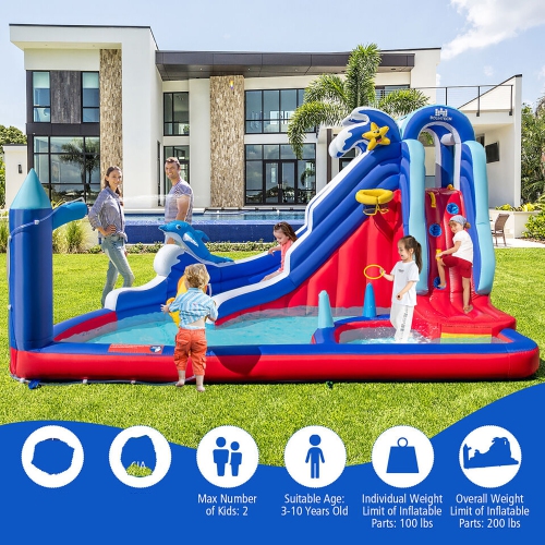 Gymax Inflatable Water Slide Park w/750W Blower Slide 2 Splash Pools Climbing Wall