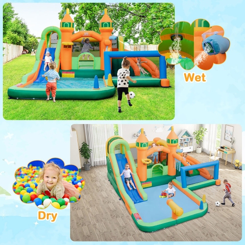 Gymax Kids Inflatable Water Slide Park w/750W Blower Basketball Rim Wet Dry Combo