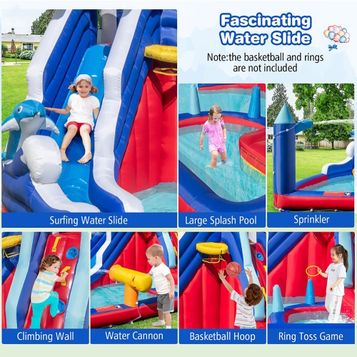 Gymax Inflatable Water Slide Park w/ Slide 2 Splash Pools Climbing Wall Without Blower