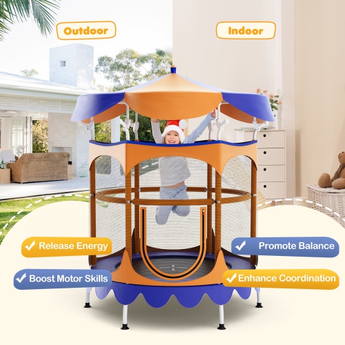 Gymax 64'' Kids Trampoline w/ Detachable Canopy Safety Enclosure Net Foam Handle Orange