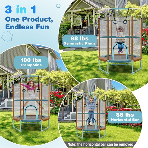 Gymax 60'' Trampoline for Kids w/ Gymnastic Bar Rings Foamed Handle No Gap Design