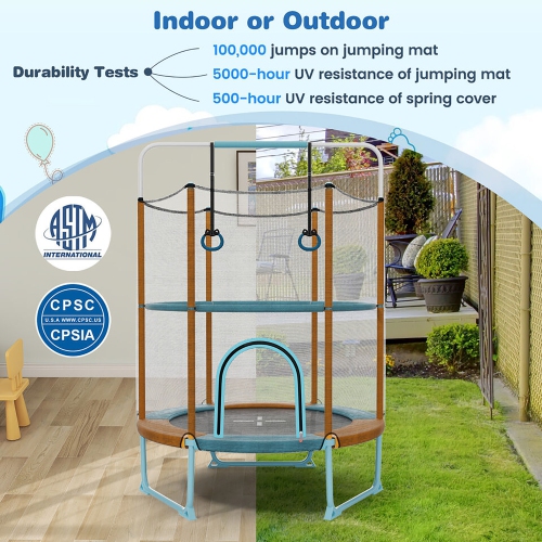 Gymax 60'' Trampoline for Kids w/ Gymnastic Bar Rings Foamed Handle No Gap Design