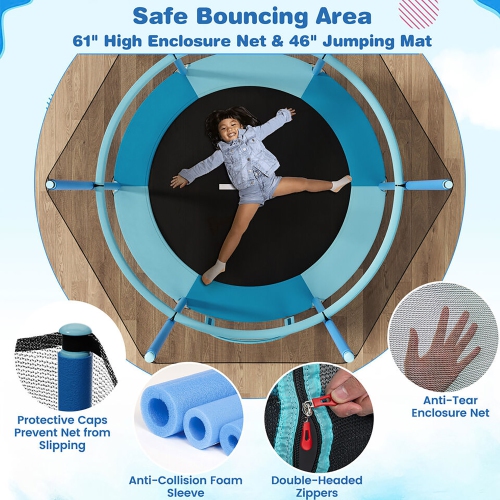 Gymax 60'' Trampoline for Kids w/ Gymnastic Bar Rings Foamed Handle No Gap Design