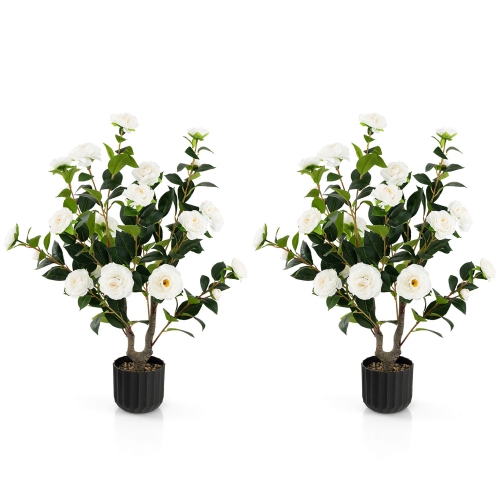 GYMAX  2-Pack 38" Artificial Camellia Tree Faux Floral Plant for Decoration In White