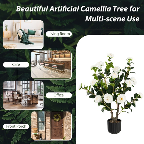 Gymax 2-Pack 38'' Artificial Camellia Tree Faux Floral Plant for Decoration White