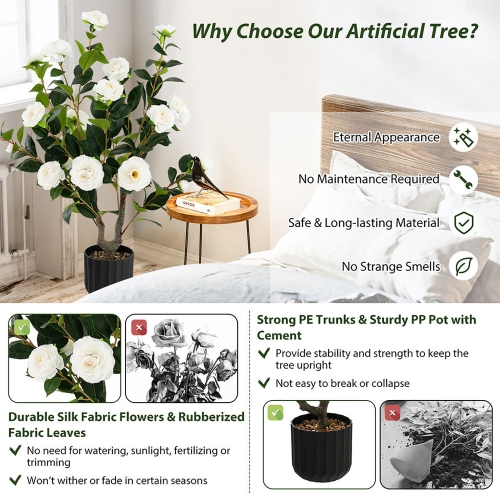 Gymax 2-Pack 38'' Artificial Camellia Tree Faux Floral Plant for Decoration White