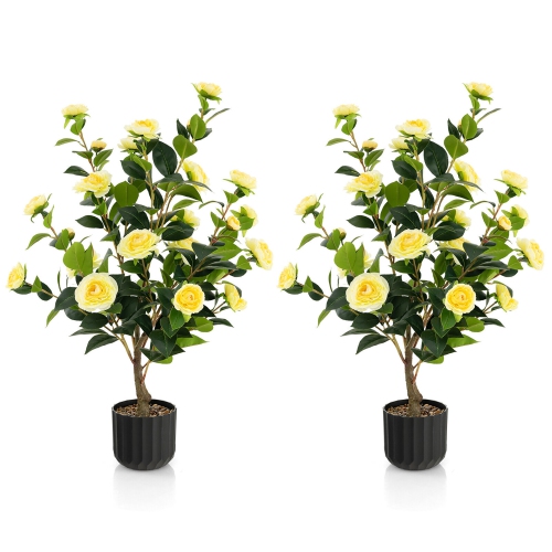 GYMAX  2-Pack 38" Artificial Camellia Tree Faux Floral Plant for Decoration In Yellow