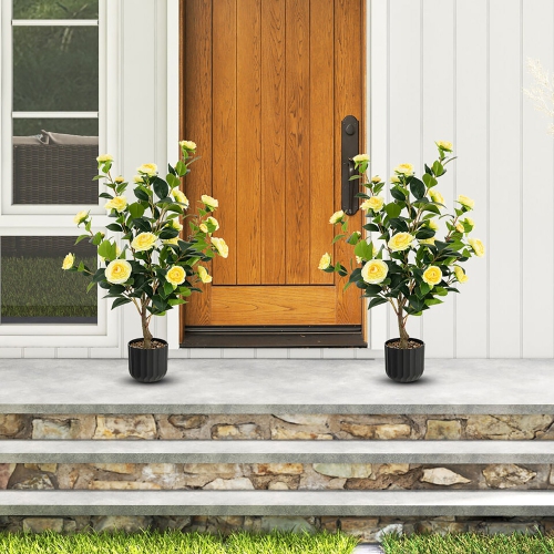Gymax 2-Pack 38'' Artificial Camellia Tree Faux Floral Plant for Decoration Yellow