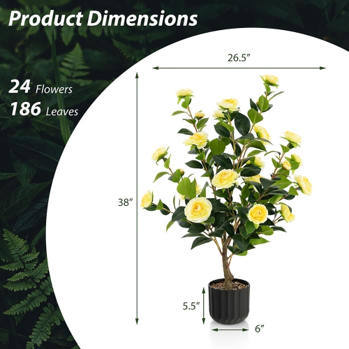 Gymax 2-Pack 38'' Artificial Camellia Tree Faux Floral Plant for Decoration Yellow
