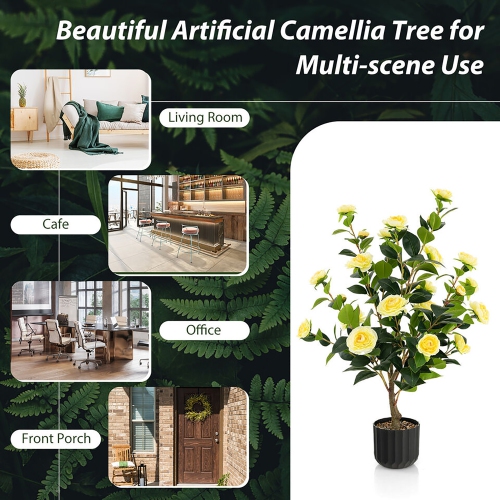 Gymax 2-Pack 38'' Artificial Camellia Tree Faux Floral Plant for Decoration Yellow