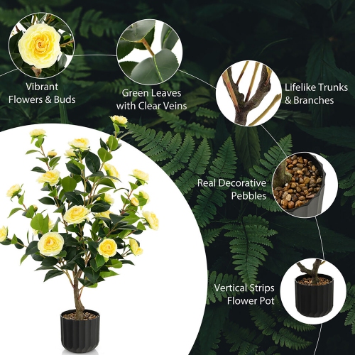 Gymax 2-Pack 38'' Artificial Camellia Tree Faux Floral Plant for Decoration Yellow