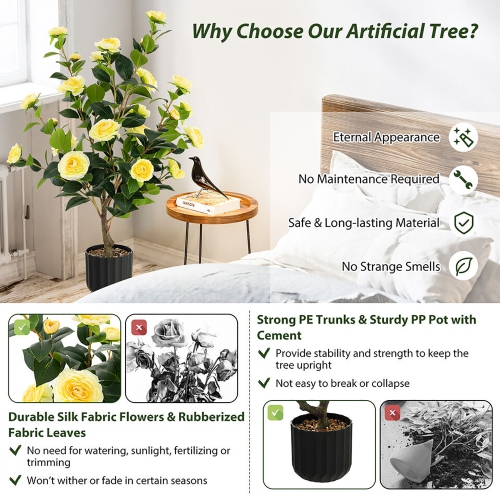 Gymax 2-Pack 38'' Artificial Camellia Tree Faux Floral Plant for Decoration Yellow