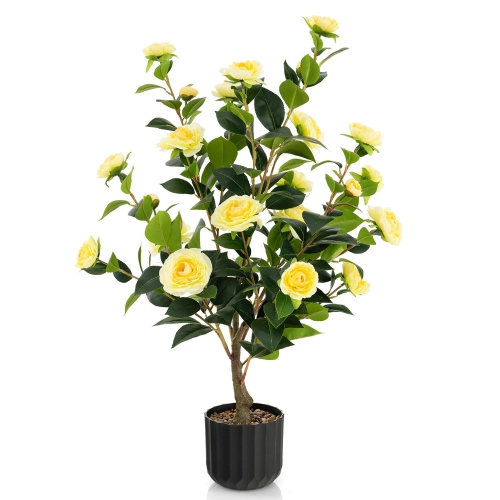 GYMAX  38" Artificial Camellia Tree Faux Floral Plant Fake Tree for Decoration In Yellow