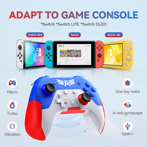 Manette sans fil Switch Pro pour Nintendo Switch/Switch Lite/Switch DELO avec 3 niveaux de fonction Turbo, 4 niveaux de vibration réglables, contrôle