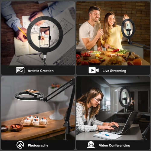 Overhead Phone Mount with Ring Light for Desk, 10" Selfie Light with Stand and Phone Holder, Overhead Camera Mount Tripod with Remote for Video