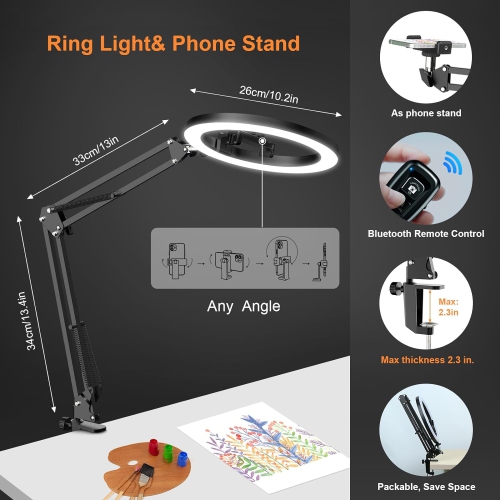 Overhead Phone Mount with Ring Light for Desk, 10" Selfie Light with Stand and Phone Holder, Overhead Camera Mount Tripod with Remote for Video