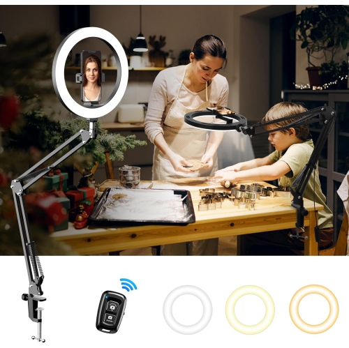 Overhead Phone Mount with Ring Light for Desk, 10" Selfie Light with Stand and Phone Holder, Overhead Camera Mount Tripod with Remote for Video