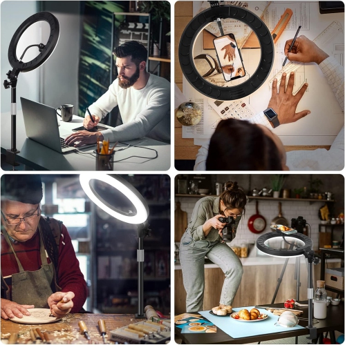 Anneau lumineux de bureau avec support pour le bureau à domicile/vidéoconférence/réunion Zoom-lampe de bureau DEL de 10 po avec support à pince et