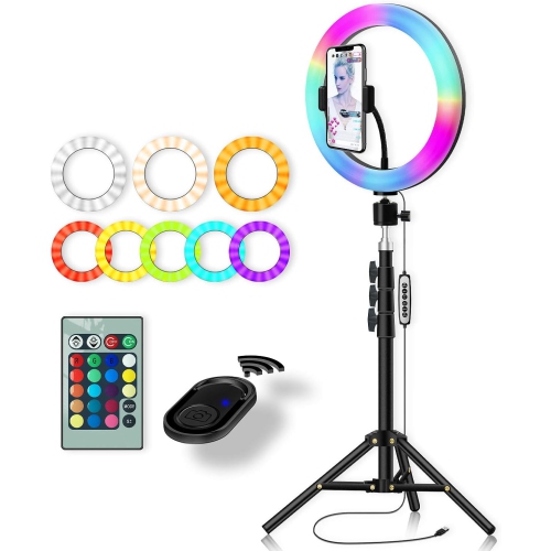 Anneau lumineux de 10 po avec trépied et support pour téléphone - cercles lumineux multicolores RVB pour égoportraits avec télécommande pour