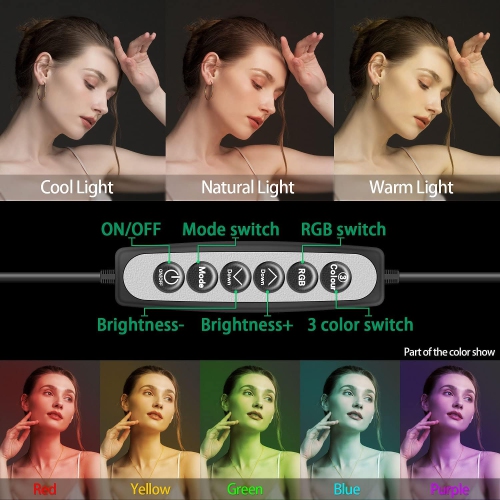 Anneau lumineux de 10 po avec trépied et support pour téléphone - cercles lumineux multicolores RVB pour égoportraits avec télécommande pour