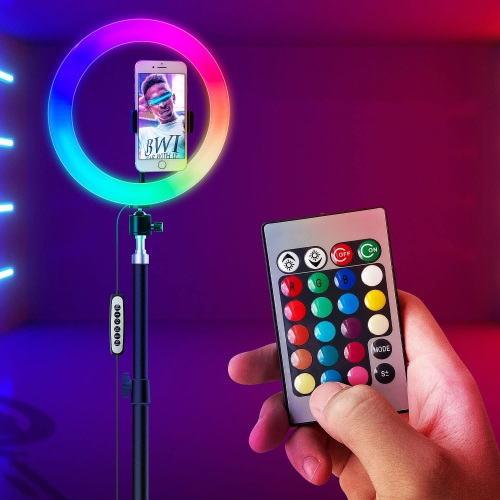 Anneau lumineux de 10 po avec trépied et support pour téléphone - cercles lumineux multicolores RVB pour égoportraits avec télécommande pour