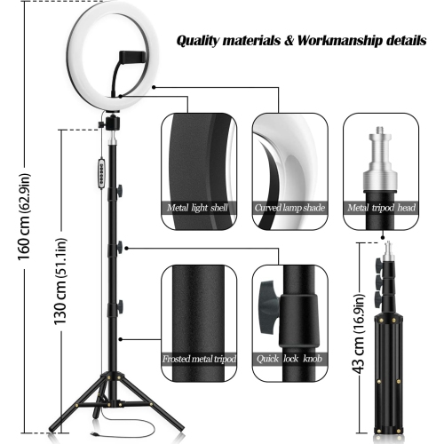 Anneau lumineux de 10 po avec trépied et support pour téléphone - cercles lumineux multicolores RVB pour égoportraits avec télécommande pour