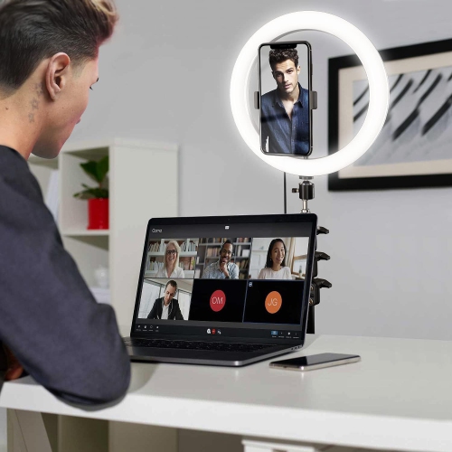 Anneau lumineux de 10 po avec trépied et support pour téléphone - cercles lumineux multicolores RVB pour égoportraits avec télécommande pour