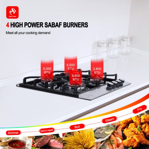 GASLAND 24" 4 Burners NG/LPG Convertible Gas Cooktop, ETL Certified, Stainless Steels, Black