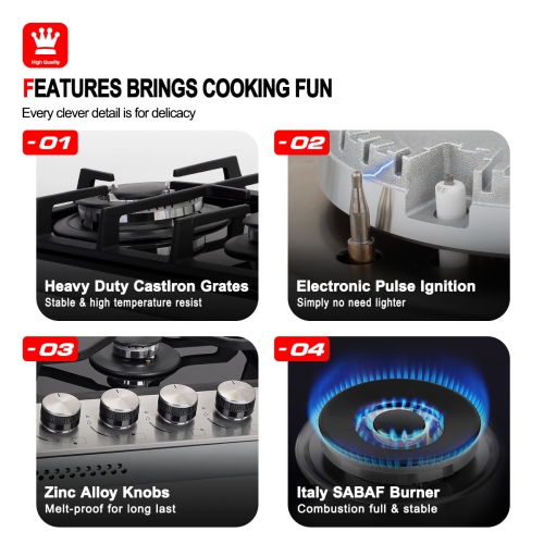 GASLAND 24" 4 Burners NG/LPG Convertible Gas Cooktop, ETL Certified, Stainless Steels, Black