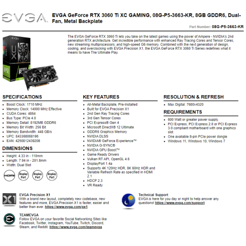 Refurbished(Good) - EVGA GeForce RTX 3060 Ti XC GAMING, 08G-P5-3663-KR, 8GB GDDR6, Dual-Fan, Metal Backplate