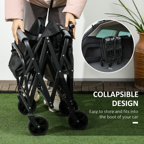 Outsunny Outdoor Collapsible Wagon, Folding Garden Cart, Heavy Duty Pull Along Camping Cart with Telescopic Handle and All-Terrain Wheels, 176LBS