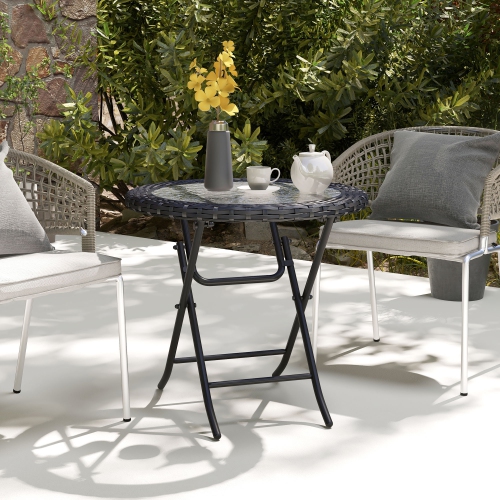 Outsunny 26.8" Dia. Folding Round Tempered Glass Metal Table with Brown Rattan Edging, Black