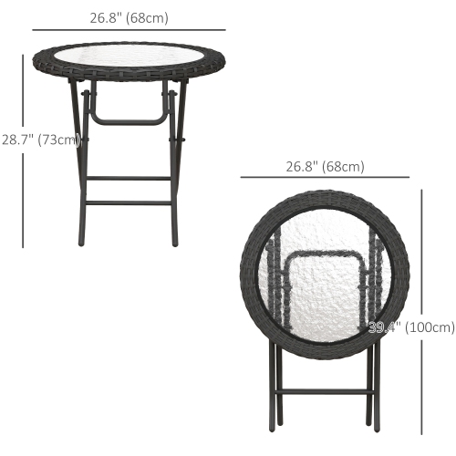 Outsunny 26.8" Dia. Folding Round Tempered Glass Metal Table with Brown Rattan Edging, Black
