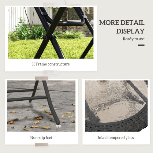Outsunny 26.8" Dia. Folding Round Tempered Glass Metal Table with Brown Rattan Edging, Black