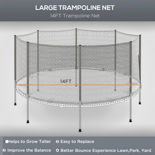 Soozier 14FT Trampoline Net Enclosure Trampolining Bounce Safety Accessories w/ 8 Poles Net Enclosure Only, Grey
