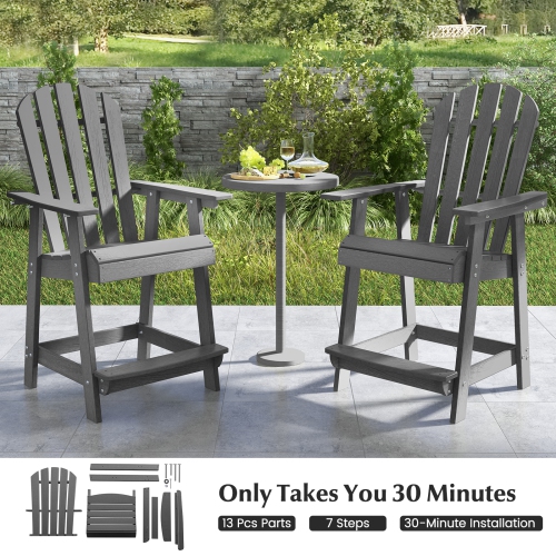 Costway 2 PCS Tall Bar Stool HDPE Patio Chair with Armrest Footrest Home Indoor Outdoor Gray
