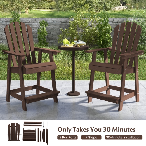 Costway 2 PCS Tall Bar Stool HDPE Patio Chair with Armrest Footrest Home Indoor Outdoor Brown