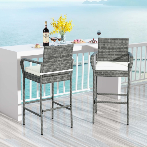 Costway Patio Wicker Barstools Set of 2 with Armrests & Soft Cushions Stable Metal Frame
