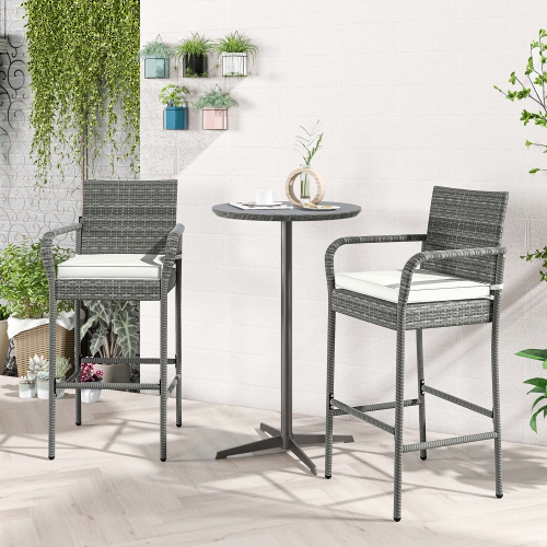 Costway Patio Wicker Barstools Set of 2 with Armrests & Soft Cushions Stable Metal Frame