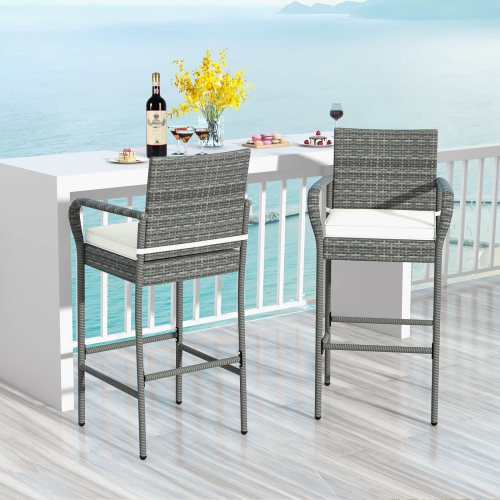 Costway 4PCS Patio PE Wicker Bar Chairs Counter Height&nbsp;Barstools With Armrests &Cushions