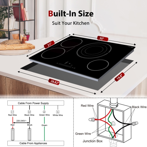 GASLAND 30&nbsp;po Surface de cuisson électrique radiante à 5 éléments avec trois anneaux et élément en pont, certifiée ETL