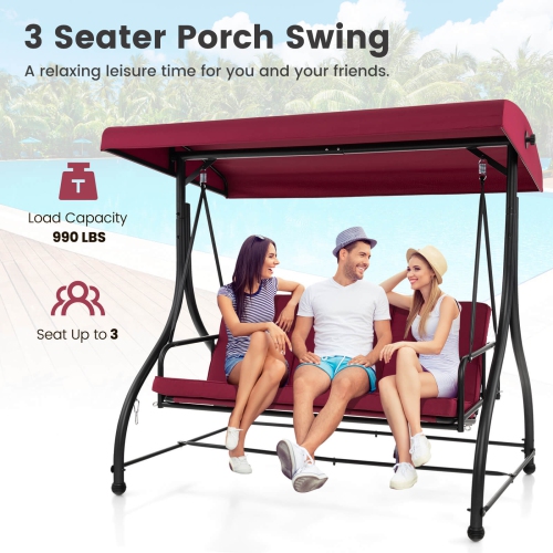 Costway 3-Seat Outdoor Converting Patio Swing Glider Adjustable Canopy Porch Swing