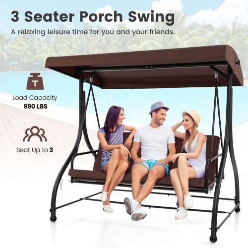 Costway 3-Seat Outdoor Converting Patio Swing Glider Adjustable Canopy Porch Swing
