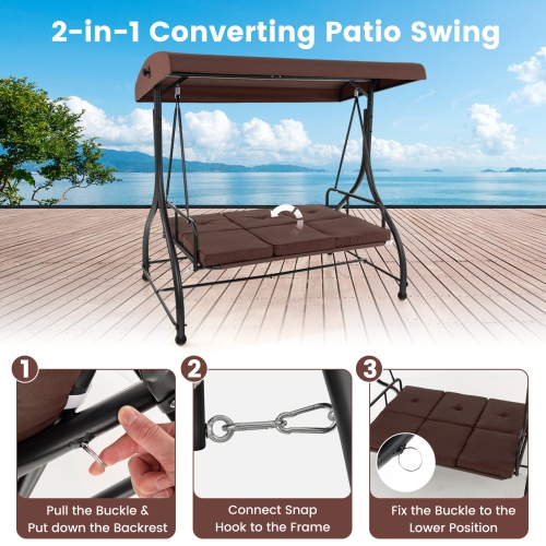 Costway 3-Seat Outdoor Converting Patio Swing Glider Adjustable Canopy Porch Swing