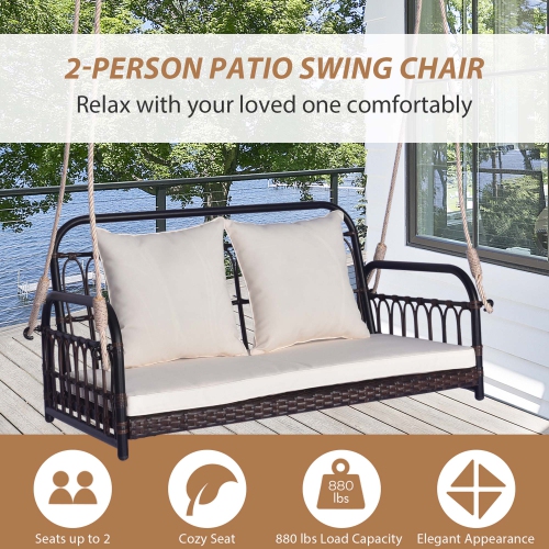 Costway Patio Swing Chair 2-Person Hanging Seat Outdoor Wicker Loveseat Cushioned Porch