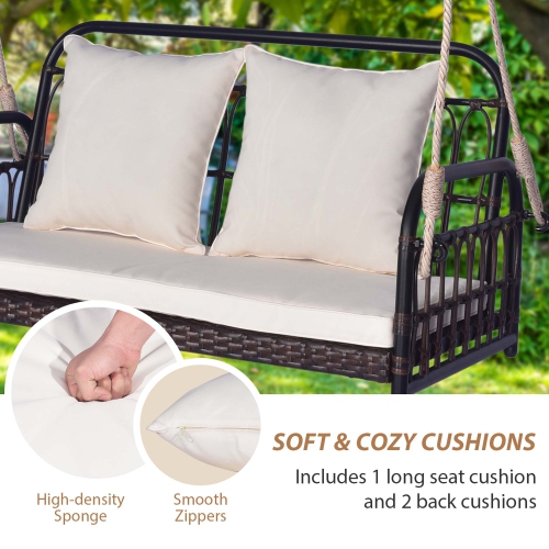 Costway Patio Swing Chair 2-Person Hanging Seat Outdoor Wicker Loveseat Cushioned Porch