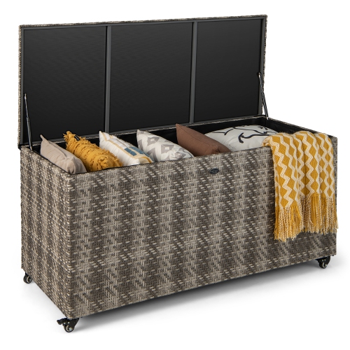 Image 1 of 10.. Costway 96 Gallon Patio Rattan Storage Deck Box Container Garden Liner Wheels