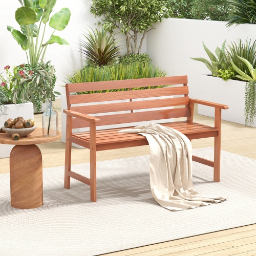COSTWAY  Patio Solid Wood Bench Wood 2-Seat Chair With Slatted Seat & Inclined Backrest