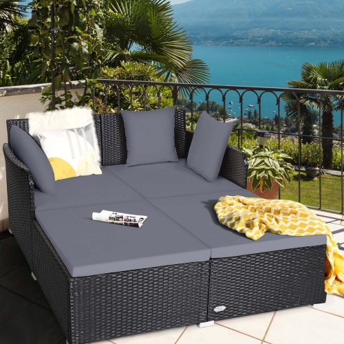COSTWAY  Outdoor Patio Rattan Daybed Pillows Cushioned Sofa Furniture